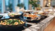 © forenna - Meal prep Sunday ritual in luxury apartment kitchen, organized chaos of multiple recipes cooking simultaneously, stainless appliances and marble surfaces covered with healthy ingredients, ideal for