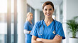 © 18s - Confident Female Nurse Smiling Professionally in a Modern Hospital Corridor Setting