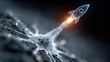 © Photographer - AI innovation concept with bright neural core and connected startup rocket icons, modern transparent glass interface panel