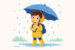 © Anas - Cute Little Schoolboy Wearing a Yellow Raincoat and Boots Holding a Blue Umbrella While Walking in the Rain with a Backpack, Flat Vector Illustration of a Child Going to School on a Rainy Day