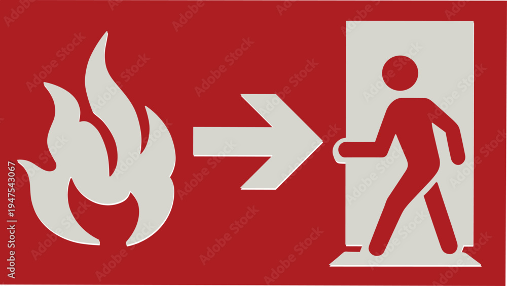Fire emergency exit sign with running person and arrow symbol showing ...