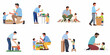 © Nadya - Flat vector illustrations of a father and child sharing fresh kiwi fruit, emphasizing healthy eating, parenting, and family bonding in various scenes.