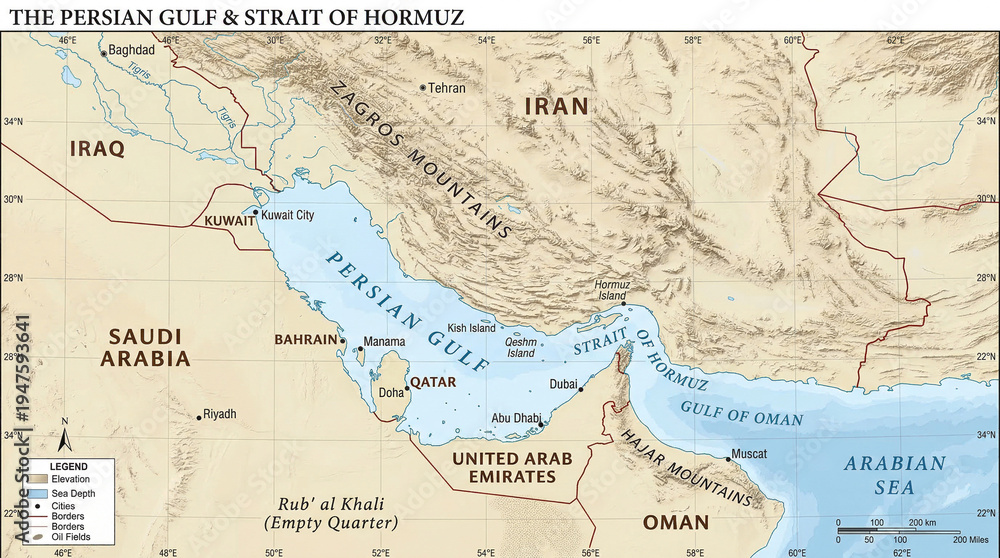 topographic map of the persian gulf and strait of hormuz with middle ...