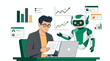 © naufal - Male financial analyst working with laptop while ai robot assists with data visualization and charts, concept for business automation, digital transformation and predictive analytics