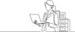 © sadi - Woman programmer engineer.IT specialist is holding a laptop. Data center, server cabinet. Digital technologies. one line art icon drawing vector
