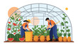 © Michael - Two farmers working inside a large glass greenhouse harvesting watermelons and pineapples in a sunny indoor garden.