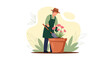 © djazulia - A man plant pink flower in pot with tool at home for hobby work job