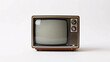 © Iruzzayne - A classic retro television set featuring a brown wood-grain cabinet, dual manual tuning knobs, and a curved screen is isolated on a clean white background, serving as a nostalgic template for media an