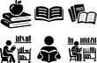 © Reeze - education and reading icon set with books, library, student and apple isolated on transparent background