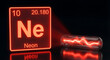 © alex - A glowing red neon periodic table sign stands next to a glass discharge tube containing an electric arc.