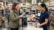 © _KUBE_ - Female shopper paying for groceries using card at supermarket register with cashier scanning items. Concept of consumer lifestyle retail purchase and store service.