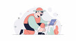 © akagami - Person with hat and glasses working on laptop, modern flat illustration
