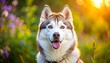 © Zidin - Close-up of a smiling dog with striking blue eyes, brown and white fur, and pink tongue, bathed in sunlight