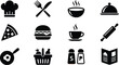 © Sadia - Set of 12 black silhouette food and restaurant vector icons including chef hat, cutlery, hot soup, pizza, burger, coffee, and cooking tools for menu design and web use