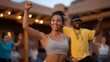 © forenna - Body positivity dance class in outdoor courtyard, participants of diverse sizes moving joyfully to music, celebrating movement for joy not punishment, perfect for inclusive fitness and contemporary