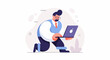 © Ling - Stylized man with mustache and glasses uses laptop while kneeling