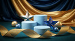 © Mirivox - Three cylinder pedestal in pale blue, two star, ribbon, and pearl, on dark green surface with draped gold and dark blue cloth, a showcase of product placement