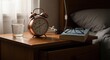 © phy - A bedside table with a glass of water, an alarm clock, a book, and a pair of glasses on top of it, with a bed in the background.