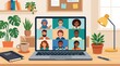 © Maria - Flat vector illustration of a remote team video conference, diverse people in separate windows on laptop screen, modern workspace desk, coffee cup, notebook, plants, minimal flat design.
