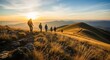 © Charagraphic - Hikers watching sunset on a mountain peak with a group