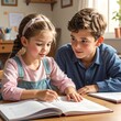 © Supra - A young girl and boy studying together at a desk
