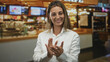© Krakenimages.com - Woman clapping hands and smiling in a restaurant building wearing white shirt and gold earrings; warmth joy gratitude.