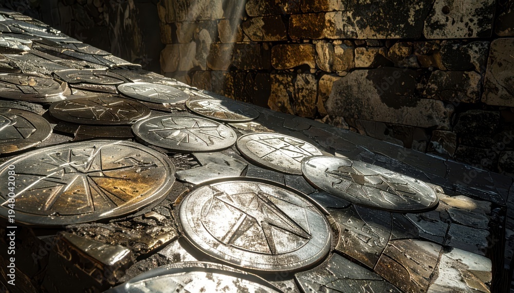 Intricate metallic plates with cryptic etched symbols form a complex ...