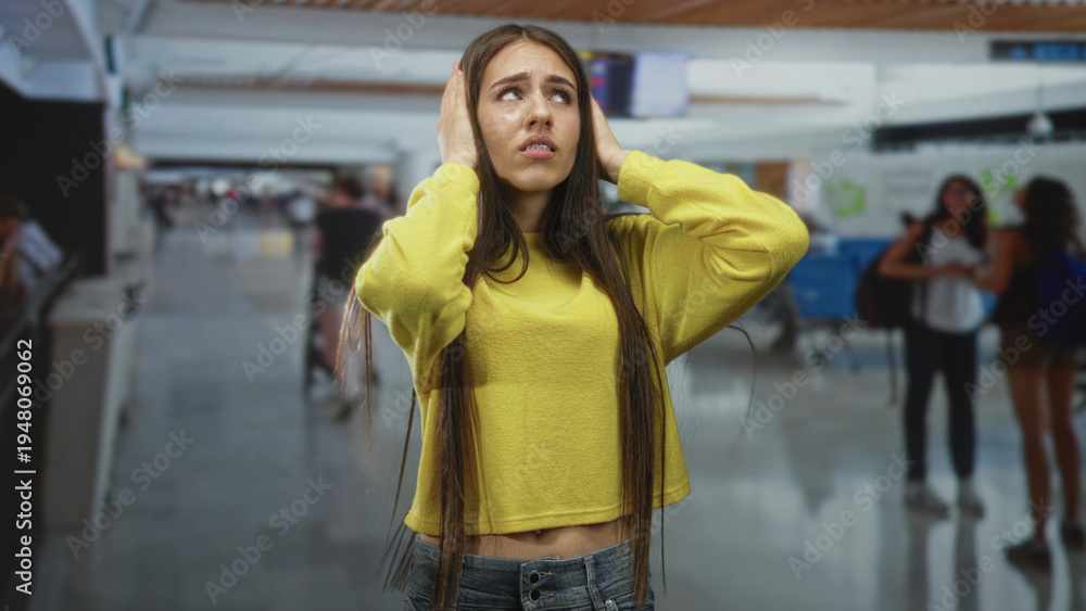 Winced Image Stock-Foto „Teenage girl presses hands to ears in crowded airport ...