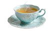 © Aino - Isolated elegant light blue teacup with saucer filled with steaming hot herbal tea