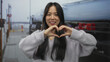 © Krakenimages.com - Young woman making heart gesture outdoors near industrial area with train in background, smiling and displaying happiness and love.