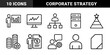 © PixeloAI - Business management and corporate strategy icon set. Vector pictograms of charts, servers, hierarchy, growth, and team performance, black outline illustration.