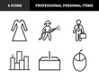 © PixeloAI - Business and lifestyle line icon set. Vector pictograms of firefighter, dress, businessman, computer mouse, city skyline, and package, black outline illustration.