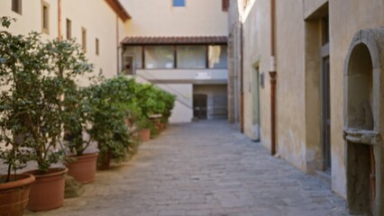  Sunlit stone alley with terracotta pots and worn facades in softly defocused bokeh; background backdrop copyspace calm.