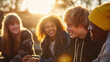 © Lumi Stock Studio - ultra realistic group of teenagers laughing and talking together outdoors, diverse gen z friends enjoying summer day in the city, authentic lifestyle portrait of youth friendship and happiness
