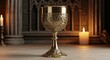 © Ranju - A detailed view of an ornate golden chalice sitting on a table in a dimly lit mystical chamber