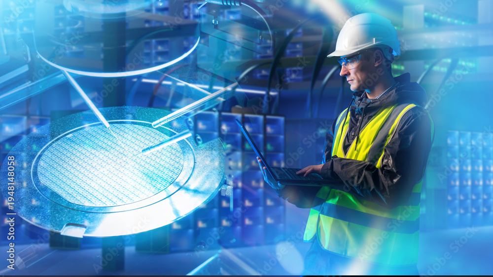 Semiconductor manufacturing, Process engineer monitors silicon wafer ...