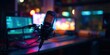 © SKV - The microphone in a neon-lit streaming studio with blurred monitors and colorful bokeh