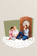 © deagreez - Vertical 3d image banner collage of three happy family grandfather granddaughters sit together teaparty cup kettle beverage clock