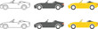 © MDESAHAQUE - Minimalist convertible sports car icon set with line art, gray and yellow variations in sleek side profile