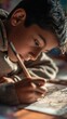 © CooLKenG - Young boy concentrating intensely while drawing or coloring a detailed picture with a pencil