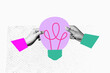 © deagreez - Trend artwork creative sketch 3D photo collage of two hand hold electric idea bulb mind brainstorming jigsaw solution eureka puzzle