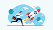 © Shuvo - Ambitious man in a suit running alongside a launching space rocket to represent business startup growth and rapid success speed.