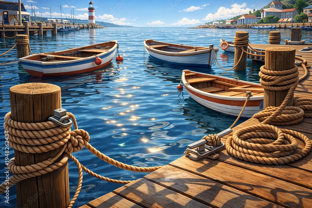 A semi-realistic 3D scene of a harbor dock with ropes, wooden posts ...