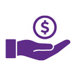 © handyartstudio - Purple hand holding dollar coin symbol on white background representing finance and investment