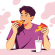 © Heymbe Design - A happy young man in a purple t-shirt enjoying two slices of delicious pizza with a drink on a pink background.