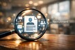 © setu - Magnifying glass over resume on wooden desk with recruitment concept