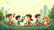 © Hadijah - A cheerful illustration of a young girl enjoying a bike ride in a lush park. Perfect for websites, blogs, or advertising related to childhood, recreat