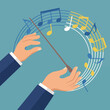 © Jingzhan - Illustration of a conductor's hands leading the orchestra with musical notes flowing around, evoking creativity, harmony, and the joy of music through dynamic visuals.