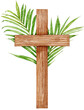 © Clara - Wooden cross with green palm frond behind. Symbol of Catholic Palm Sunday on holy week. Watercolor illustration of wooden cross with green palm leaves behind as a symbol of Palm Sunday in catholic.