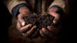 © Vitalii - Farmer's weathered hands holding rich dark soil teeming with earthworms, cover crop roots visible in cross-section, compost and organic matter integrated throughout, ideal for soil health, carbon